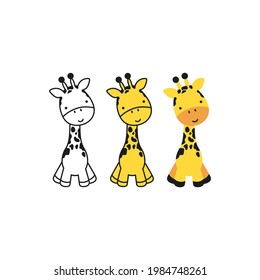 Funny little giraffe in cartoon style in three options isolated on white. Linear and color. Can be used like sticker for t shirt print.