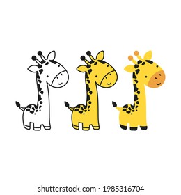 Funny little giraffe in cartoon style isolated on white. Linear and color options. Can be used like sticker for t shirt print.