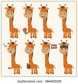 Funny little giraffe in different poses in cartoon style.