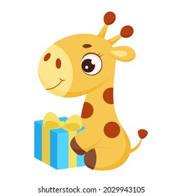 Funny little giraffe sitting with gift box. Cute cartoon character for print, greeting cards, baby shower, invitation, wallpapers, home decor. Bright colored childish stock vector illustration.
