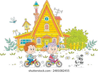 Funny little girl and boy friendly smiling, talking and riding small toy bicycles near a pretty village wooden house on a summer day in countryside, vector illustration on a white background