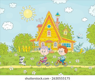 Funny little girl and boy friendly smiling, talking and riding small toy bicycles near a pretty village wooden house on a sunny day in countryside on summer vacations, vector cartoon illustration