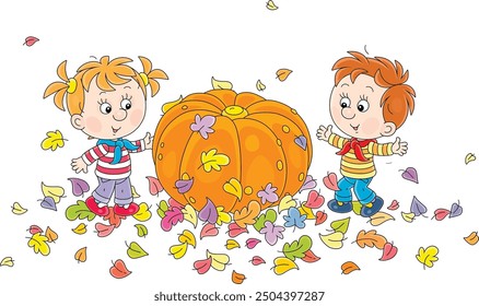 Funny little girl and boy with a large round orange pumpkin among colorful fallen leaves in an autumn garden, vector cartoon illustration isolated on a white background