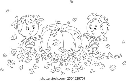 Funny little girl and boy with a large round pumpkin among fallen leaves in an autumn garden, black and white vector cartoon illustration for a coloring book page