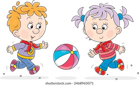 Funny little girl and boy merrily running and playing with a colorful striped ball on a playground in a park, vector cartoon illustration on white