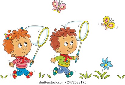 Funny little girl and boy merrily running and catching butterflies with butterfly nets on a summer day in countryside, vector cartoon illustration on a white background