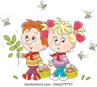 Funny little girl and boy mushroomers walking with small baskets through a forest glade and brushing away angry biting mosquitoes flying around them, vector cartoon illustration on white