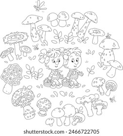 Funny little girl and boy mushroomers walking with baskets and gathering edible mushrooms on a pretty forest glade on a summer vacation, black and white vector cartoon illustration for a coloring book