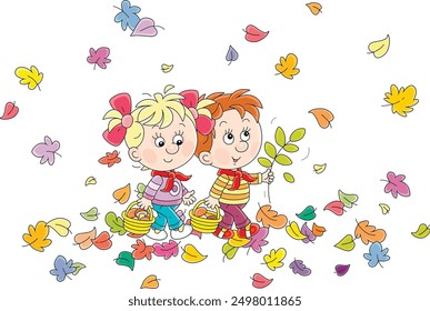 Funny little girl and boy mushroomers walking with their baskets and gathering mushrooms among colorful fallen leaves in an autumn forest, vector cartoon illustration on a white background