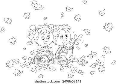 Funny little girl and boy mushroomers walking with baskets and gathering mushrooms among fallen leaves in an autumn forest, black and white outline vector cartoon illustration for a coloring book page