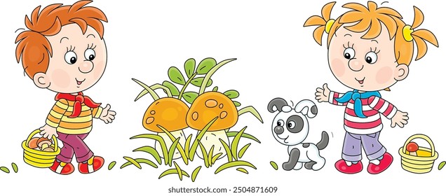 Funny little girl and boy mushroomers with small baskets found very large edible mushrooms among grass in a forest glade, vector cartoon illustration on a white background