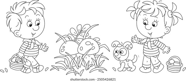 Funny little girl and boy mushroomers with small baskets found very large edible mushrooms in a forest glade, black and white vector cartoon illustration for a coloring book