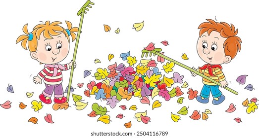 Niña divertida y niño rastrillando hojas coloridas caídas con rastrillos Pequeños y limpiando su jardín de otoño, ilustración de dibujos animados de Vector aislado en un fondo blanco