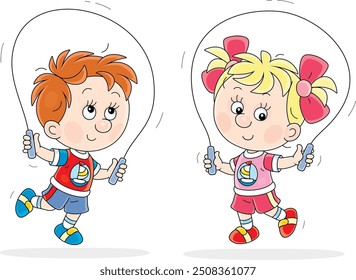 Funny little girl and boy smiling and jumping rope, vector cartoon illustration isolated on a white background
