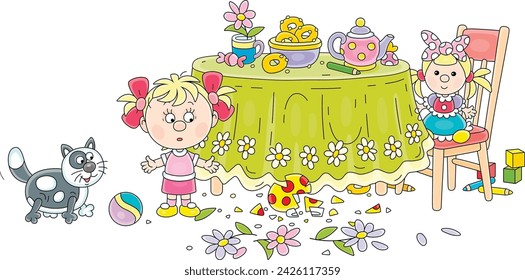 Funny little girl broke a beautiful vase with flowers during a fun game with her cat and ball near a kitchen table while no one is at home, vector cartoon illustration isolated on a white background