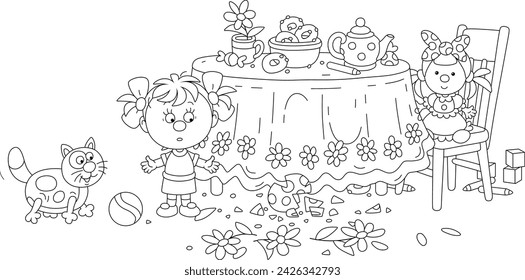 Funny little girl broke a beautiful vase with flowers during a fun game with her cat and ball near a kitchen table while no one is at home, black and white vector cartoon illustration 