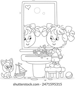 Divertida niña pequeña que se cepilla los dientes en un espejo y lavabo en un cuarto de baño con juguetes, ilustración de dibujos animados de Vector blanco y negro para un libro para colorear