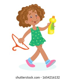 Funny little girl carries plastic items for recycling. Garbage removal. In cartoon style. Isolated on white background. Vector illustration.