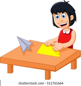 Funny Little Girl Cartoon Playing Folding Paper