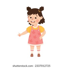 Funny Little Girl Character Pointing at Something with Her Finger Vector Illustration
