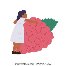 Funny little girl child cartoon character hugging sweet bunch of grapes isolated on white background