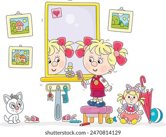 Funny little girl combing her hair in front of a mirror in a hallway with scattered toys and pictures on a wall, vector cartoon illustration isolated on white