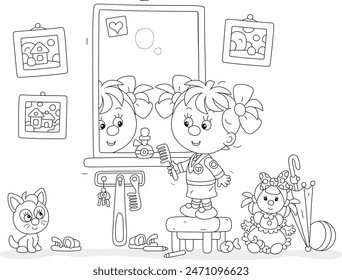 Divertida niña pequeña peinándose delante de un espejo en un pasillo, ilustración de dibujos animados de Vector blanco y negro para un libro para colorear