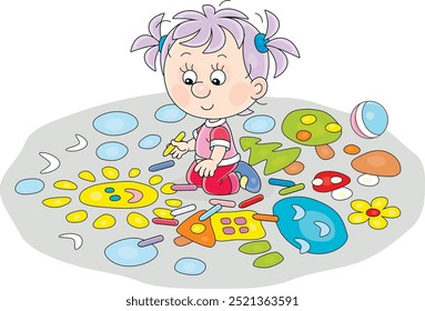 Funny little girl drawing with color crayons a funny picture on the pavement on a playground in a summer park, vector cartoon illustration on a white background