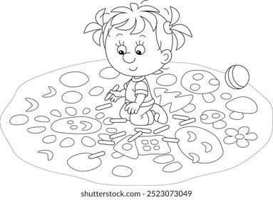 Funny little girl drawing with crayons a funny picture on the pavement on a playground in a summer park, black and white outline vector cartoon illustration for a coloring book