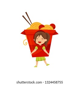 Funny little girl dressed as box of noddles with tomatoes and chopsticks. Kid in carnival costume. Flat vector design