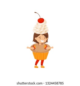 Funny little girl dressed as cupcake with whipped cream and cherry. Cute costume. Sweet snack. Flat vector design