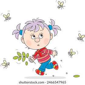 Funny little girl in fear quickly running away from angry buzzing mosquitoes, vector cartoon illustration on white