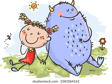 Funny little girl and friendly monster playing outdoors together. Doodle cartoon kid with fairy tale friend