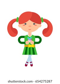 Funny little girl with gift box icon. Child birthday event, cute baby kid character isolated vector illustration in flat design.