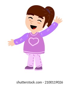 Funny Little girl. Happy child waves hand. Cute Character in pink clothes.