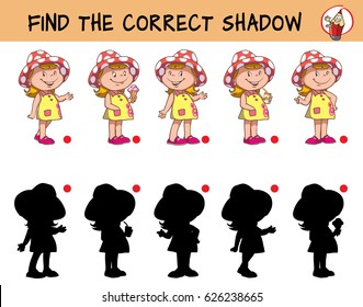 Funny little girl in a hat. Find the correct shadow. Educational game for children. Cartoon vector illustration