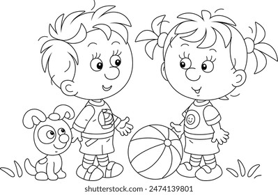 Funny little girl with her ball and a boy with his pup merrily talking and going to play on a playground in a park, black and white vector illustration for a coloring book