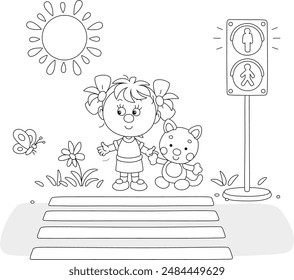 Funny little girl with her toy cat waiting for green traffic light at a pedestrian crossing of a town street on a sunny summer day, black and white vector cartoon illustration for a coloring book