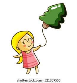 Funny little girl holding pine tree balloon at christmas - vector.