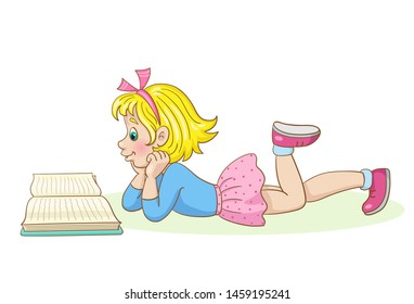 Funny little girl lies and reads a book. In cartoon style. Isolated on white background. Vector illustration.