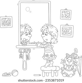 Funny little girl looking closely at herself in the mirror and scrutinizing her reflection, black and white vector cartoon illustration for a coloring book