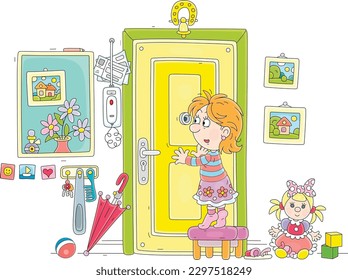 Funny little girl looking at a guest through a peephole of a front door with an intercom in a home hallway with a mirror, toys and household things, vector cartoon illustration isolated on white