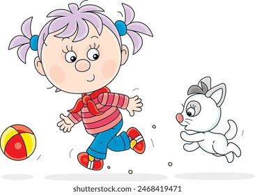 Funny little girl merrily running and playing with a playful small kitten and a ball on a playground, vector cartoon illustration on white