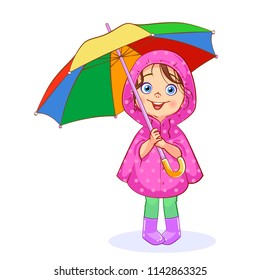 A funny little girl in a pink raincoat holds a bright multi-colored umbrella. Vector cartoon сutout child.