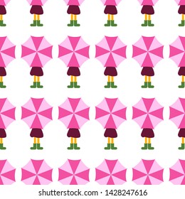 A funny little girl in a pink raincoat holds a bright multi colored umbrella. Vector cartoon сutout child. Girl under Umbrella with purple raincoat and green rubber boots seamless pattern