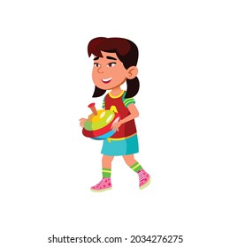 funny little girl play with humming top toy cartoon vector. funny little girl play with humming top toy character. isolated flat cartoon illustration