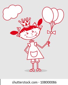 funny little girl in princess dress playing with balloons