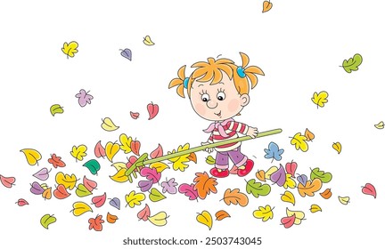 Niña divertida rastrillando hojas coloridas caídas con un rastrillo y limpiando su jardín de otoño fuera de la ciudad en el campo, ilustración de dibujos animados de Vector aislado en un fondo blanco