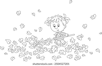 Niña divertida rastrillando hojas caídas con un rastrillo y limpiando su jardín de otoño fuera de la ciudad en el campo, ilustración de dibujos animados de Vector blanco y negro para una página de libro para colorear