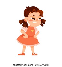 Funny Little Girl in Red Dress Expressing Emotion of Anger Vector Illustration